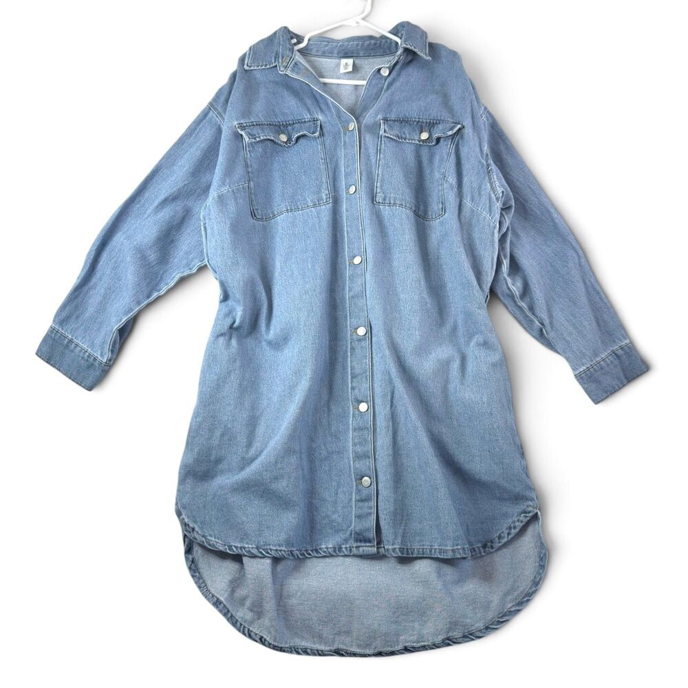 h&m &denim oversized denim shirt dress large light wash button front longline